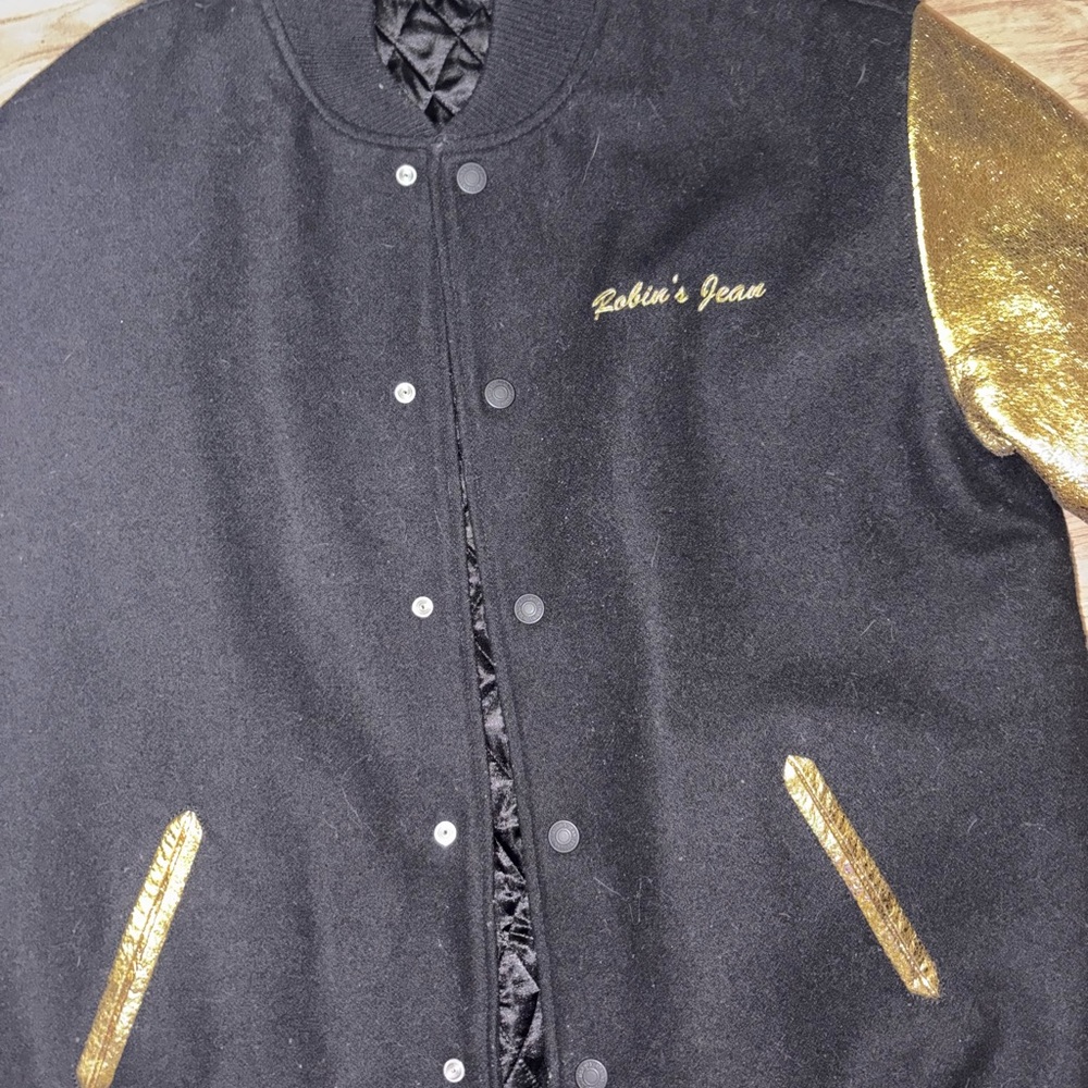 Robin's Jean Black Varsity Jacket with Gold Sleeves